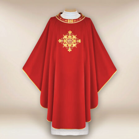 Casula liturgica sacerdotale ricamata rossa IHS