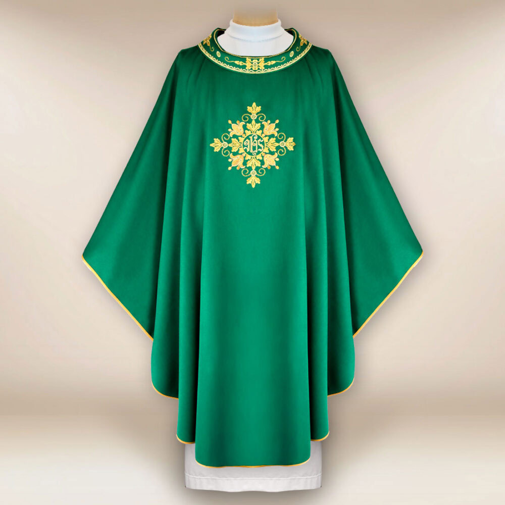Casula liturgica sacerdotale ricamata verde IHS