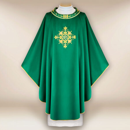 Casula liturgica sacerdotale ricamata verde IHS