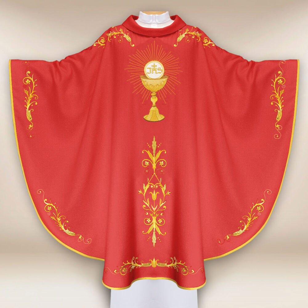 Casula sacerdotale ricamata rossa con calice