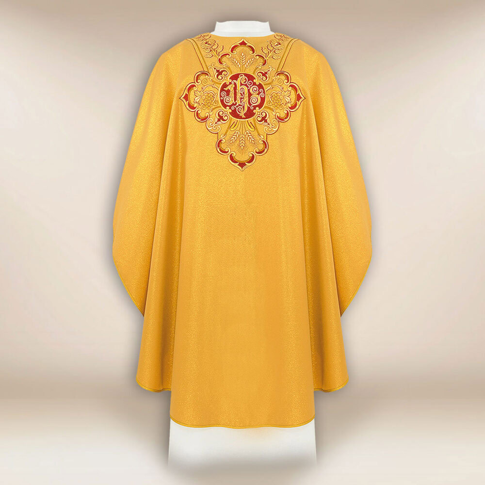 Casula sacerdotale ricamata in oro con IHS