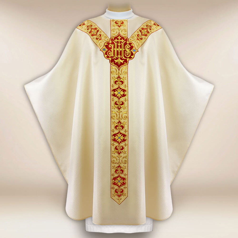Casula sacerdotale ricamata ecru con siMadonnaolo IHS