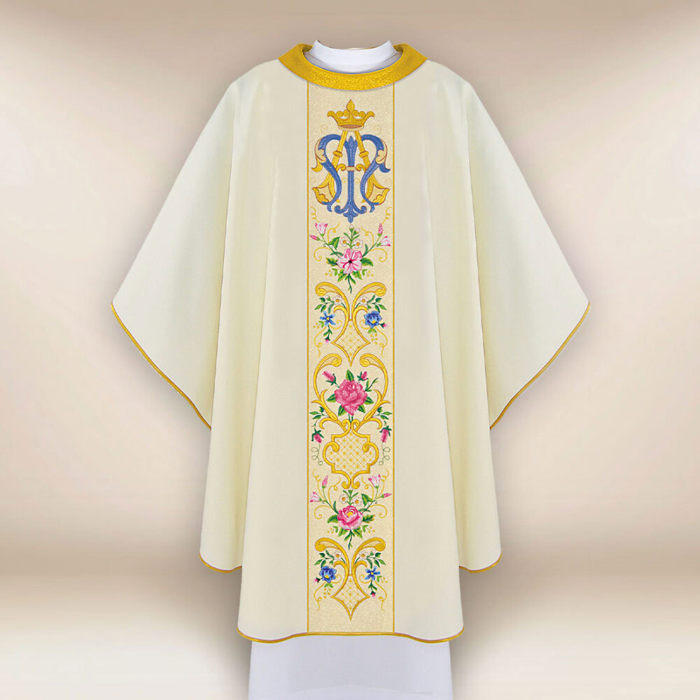Elegante casula liturgica ricamata con motivo Mariano