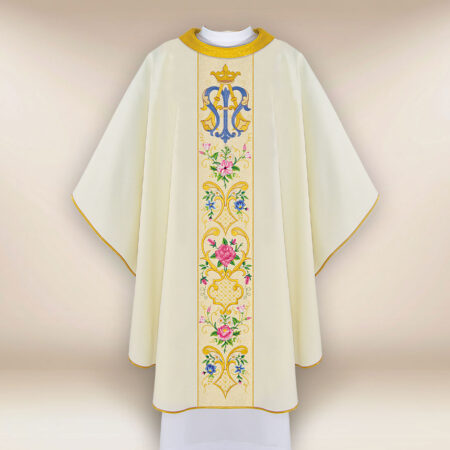 Elegante casula liturgica ricamata con motivo Mariano