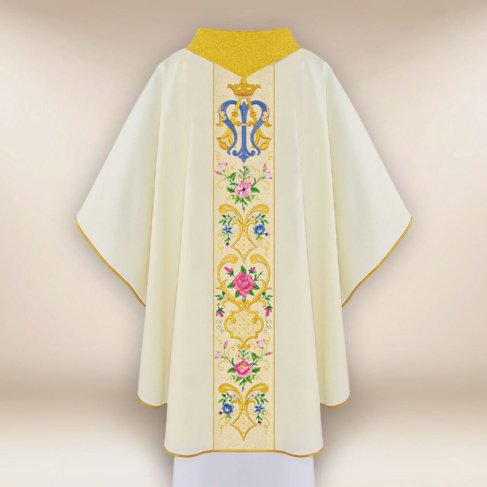 Elegante casula liturgica ricamata con motivo Mariano