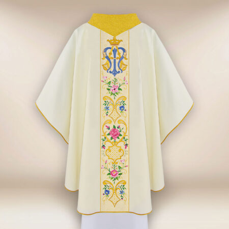 Elegante casula liturgica ricamata con motivo Mariano
