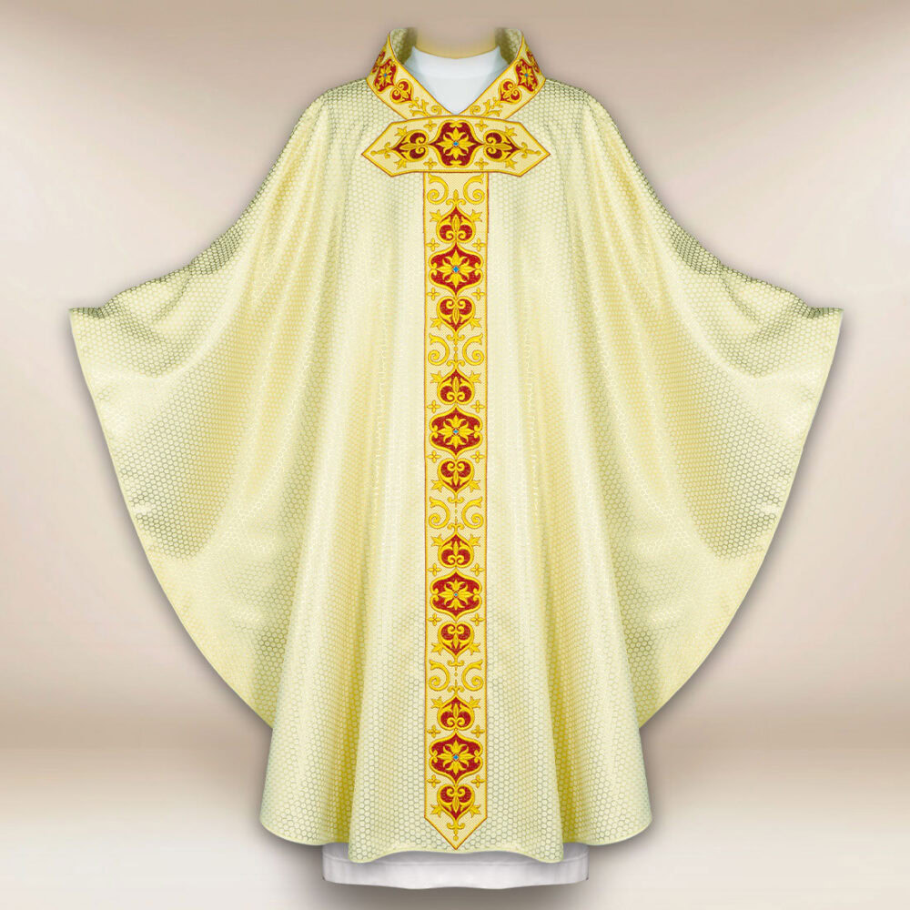 Casula sacerdotale ricamata ecru con fascia dorata