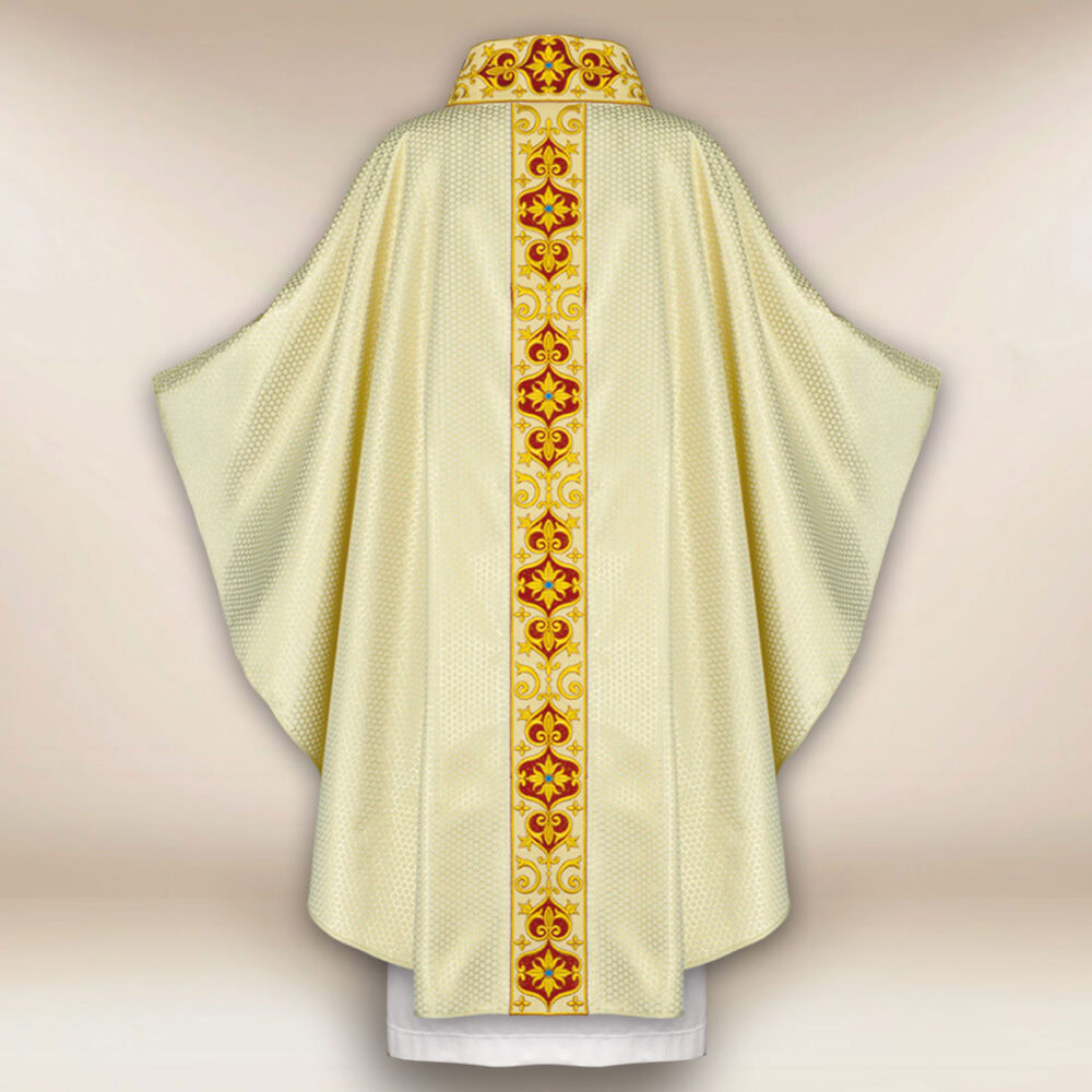 Casula sacerdotale ricamata ecru con fascia dorata