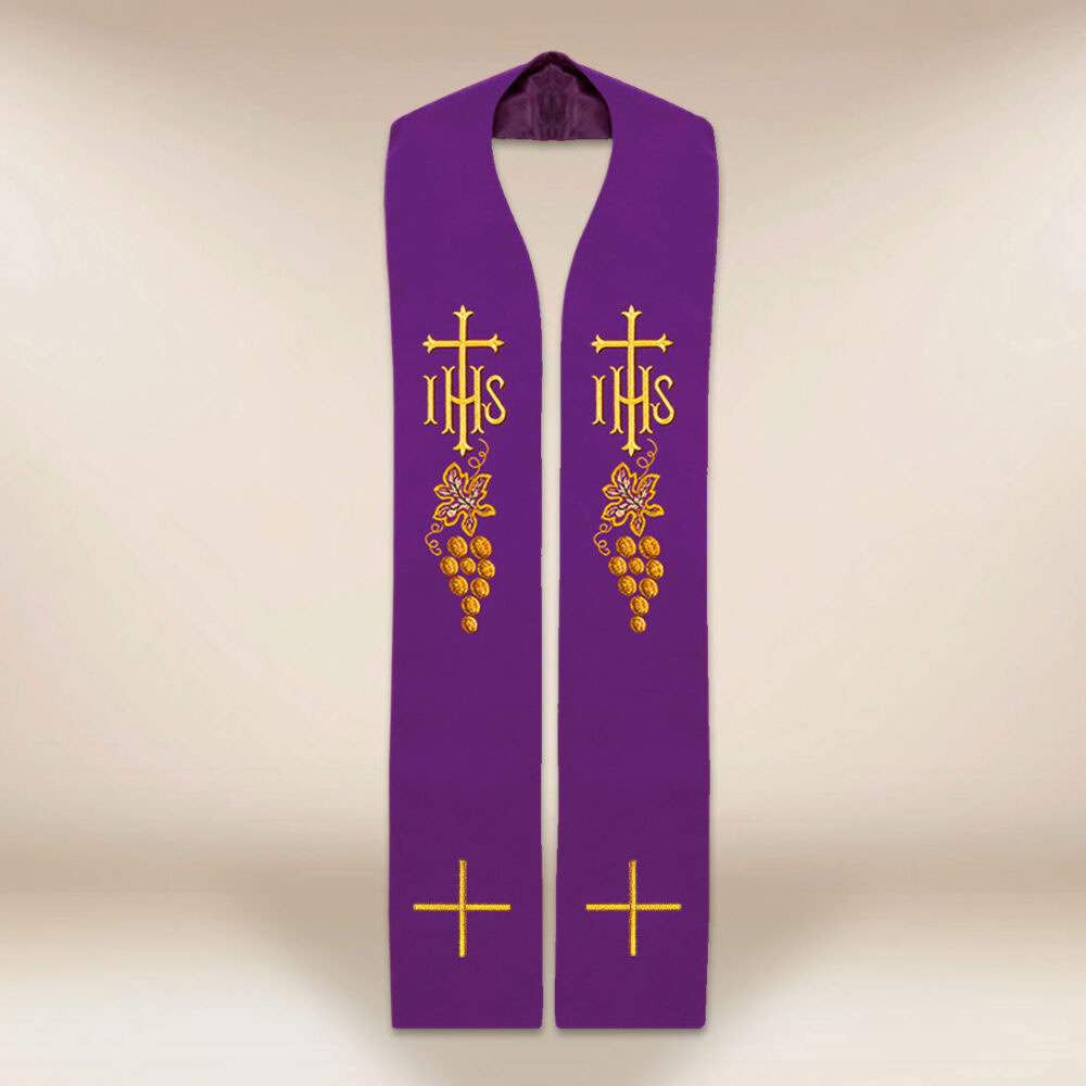 Stola sacerdotale ricamata IHS e grappoli