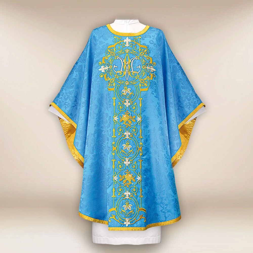 Casula sacerdotale ricamata Mariano blu