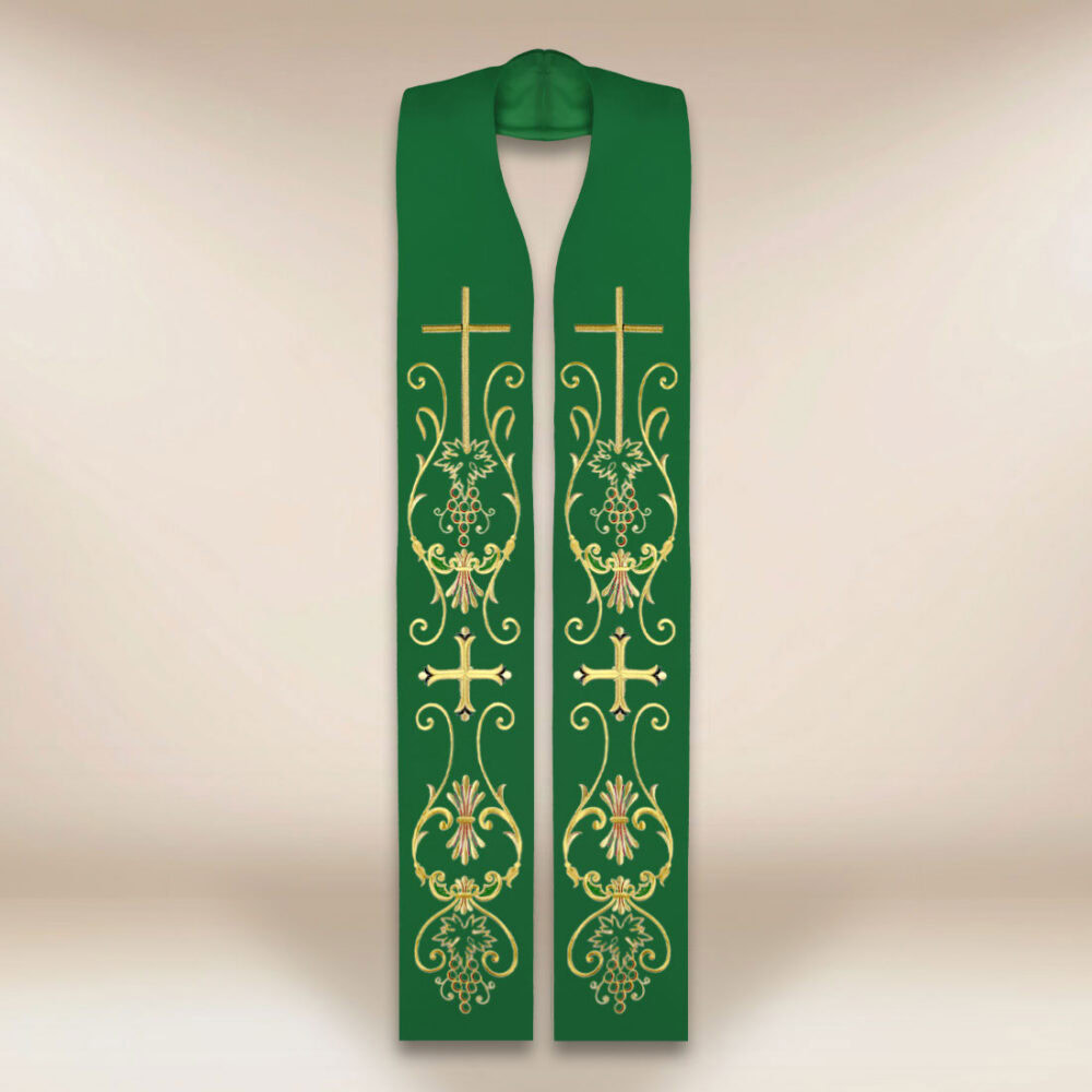Stola sacerdotale ricamata con motivo di croce verde
