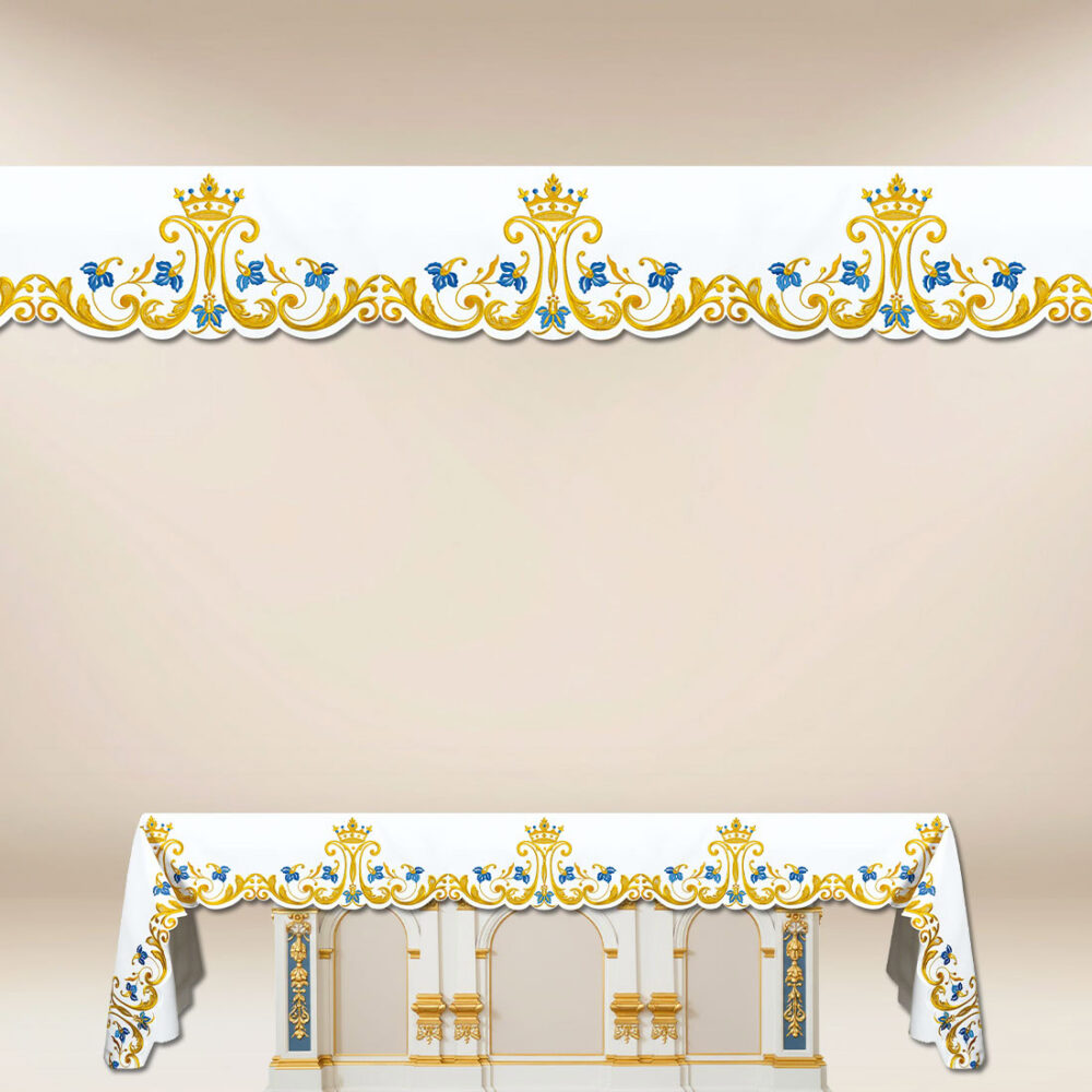 Tovaglia per altare Mariana con ricamo oro-blu. Tovaglia per altare Mariana con ricamo oro-blu.