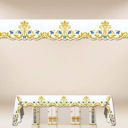 Tovaglia per altare Mariana con ricamo oro-blu.