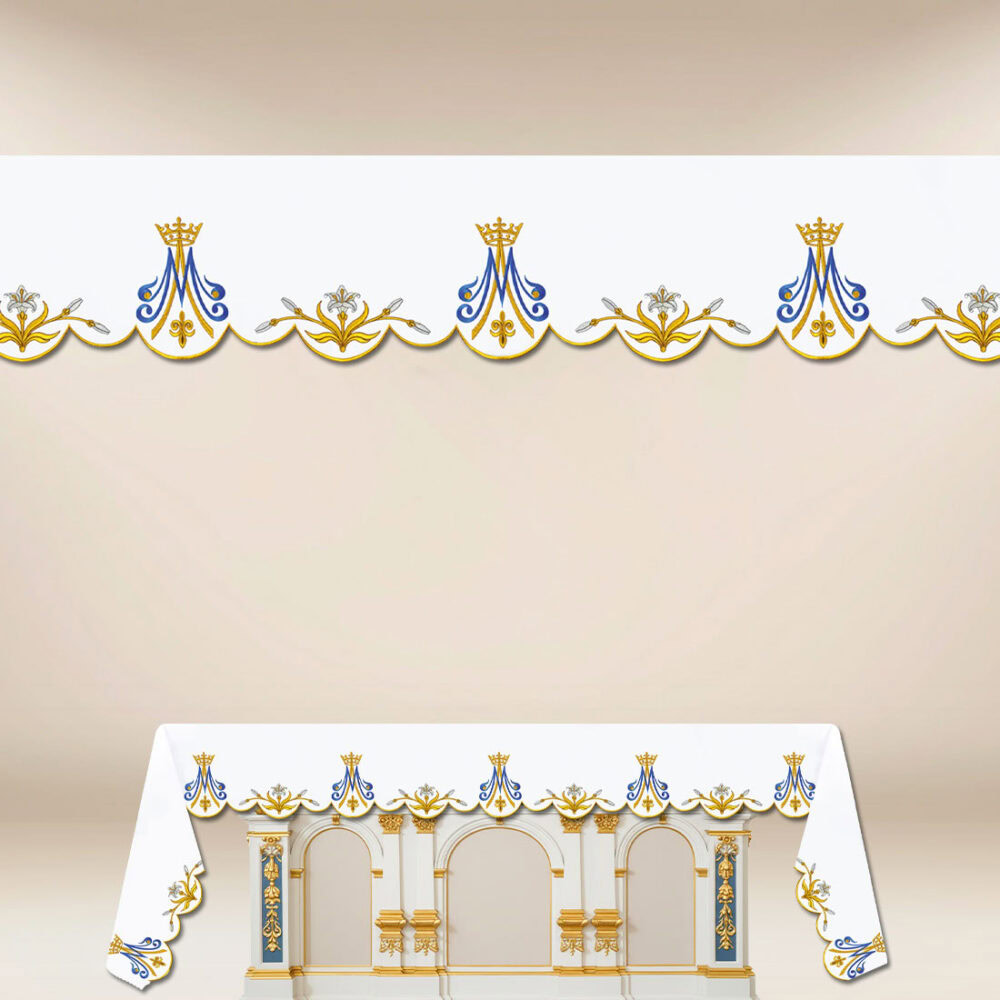 Tovaglia per altare Mariana con ricamo oro-blu.