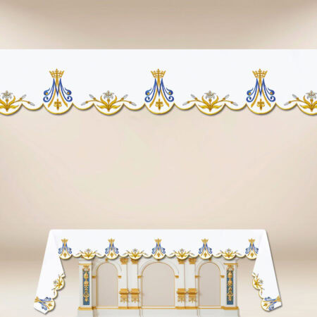 Tovaglia per altare Mariana con ricamo oro-blu.