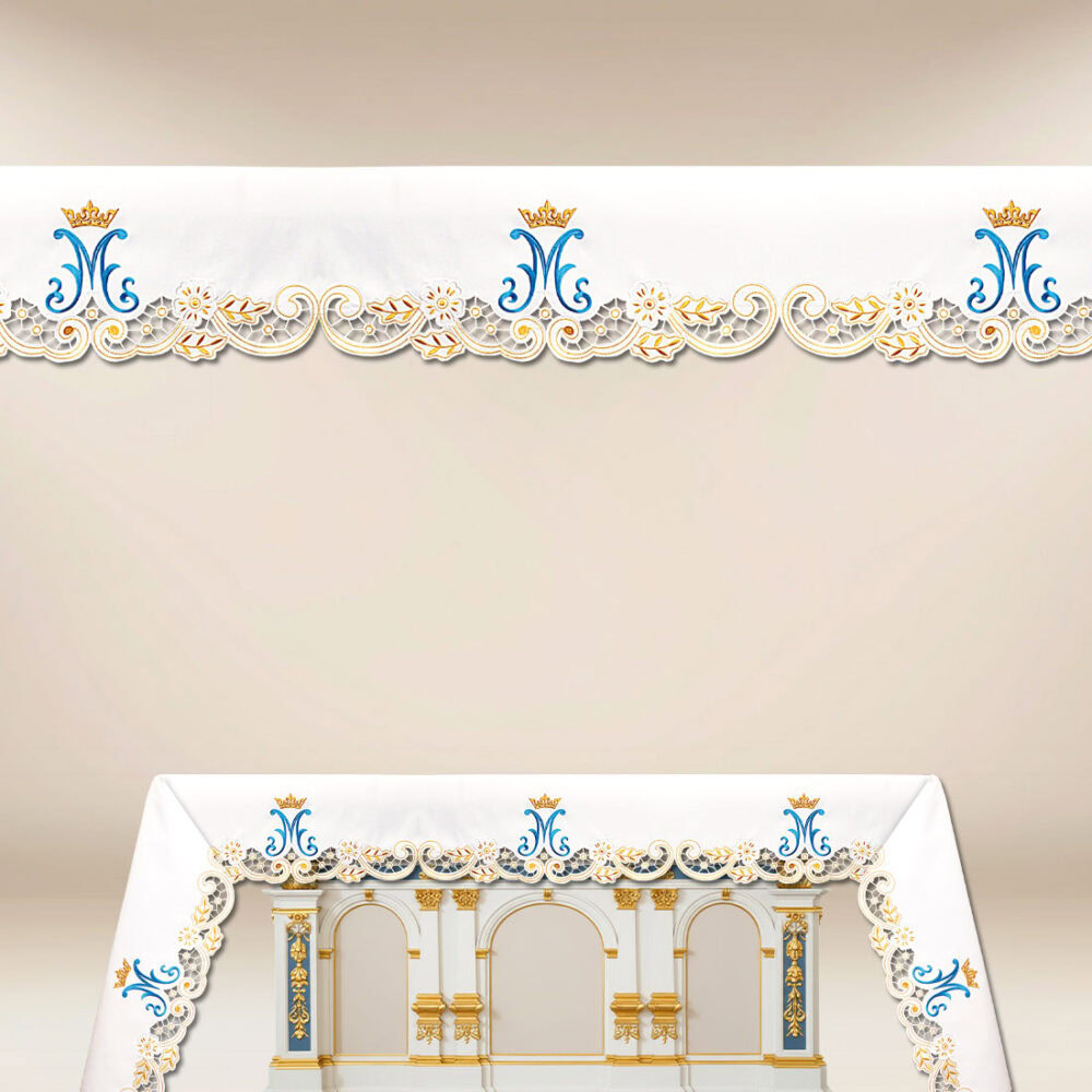 Tovaglia per altare Mariana con ricamo oro-blu.