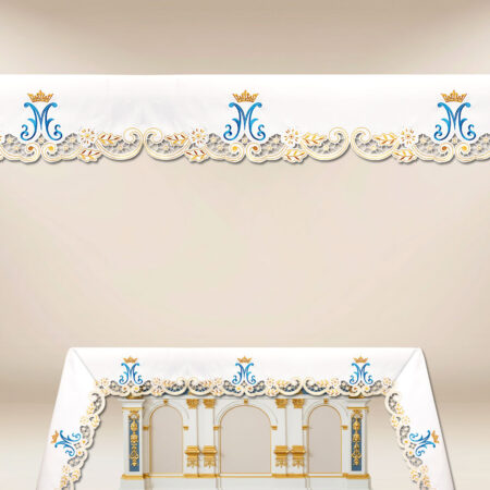 Tovaglia per altare Mariana con ricamo oro-blu.