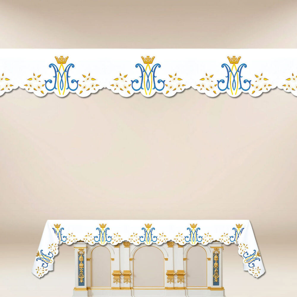 Tovaglia per altare Mariana con ricamo oro-blu.