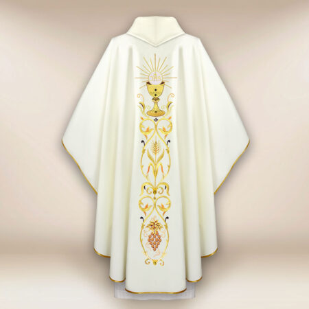 Bellissima casula sacerdotale ricamata ecru con motivo del calice