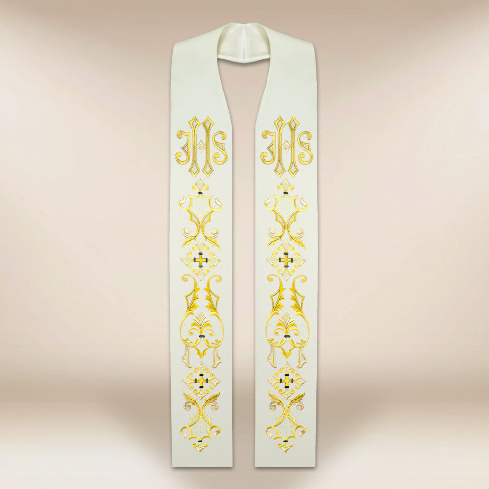 Stola sacerdotale ricamata ecru con IHS