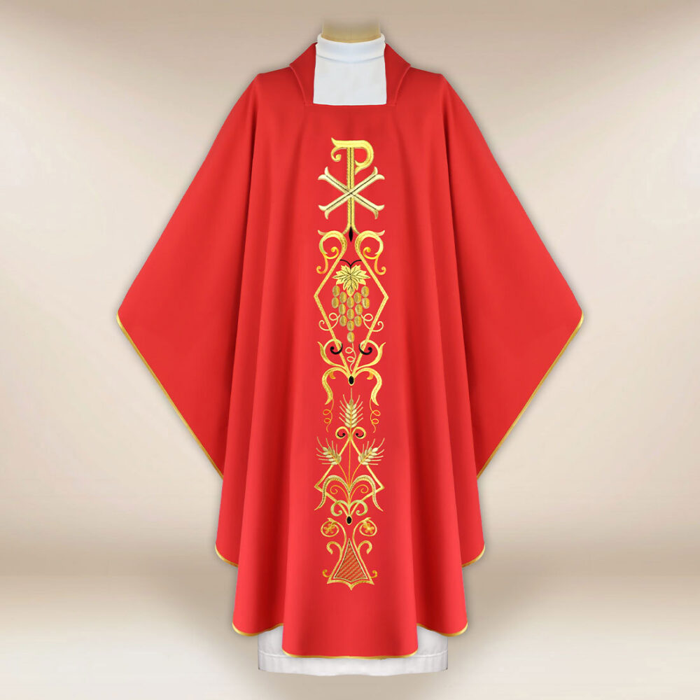 Casula liturgica con motivo PX rosso