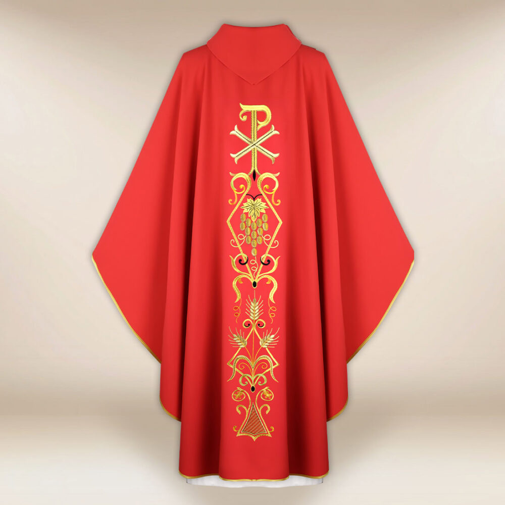 Casula liturgica con motivo PX rosso