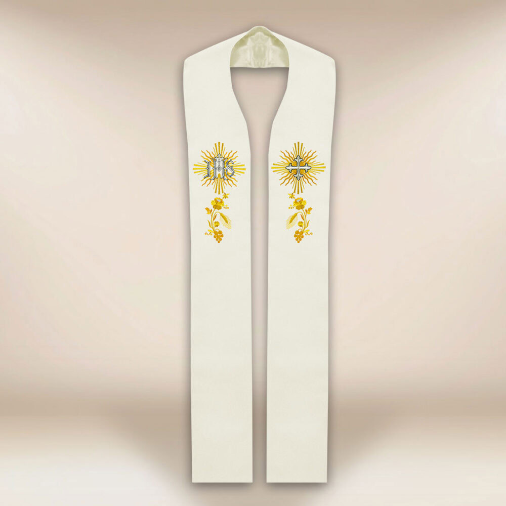 Stola sacerdotale ricamata IHS ecru