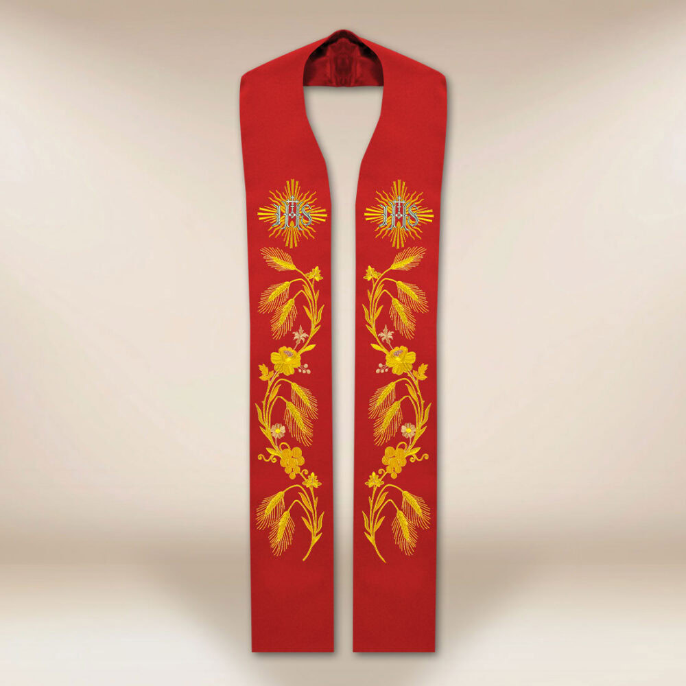 Stola sacerdotale ricamata liturgica IHS rossa