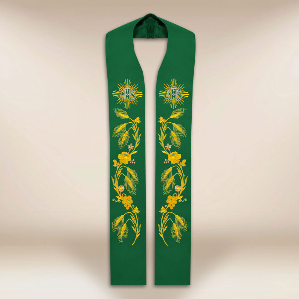 Stola sacerdotale ricamata liturgica IHS verde