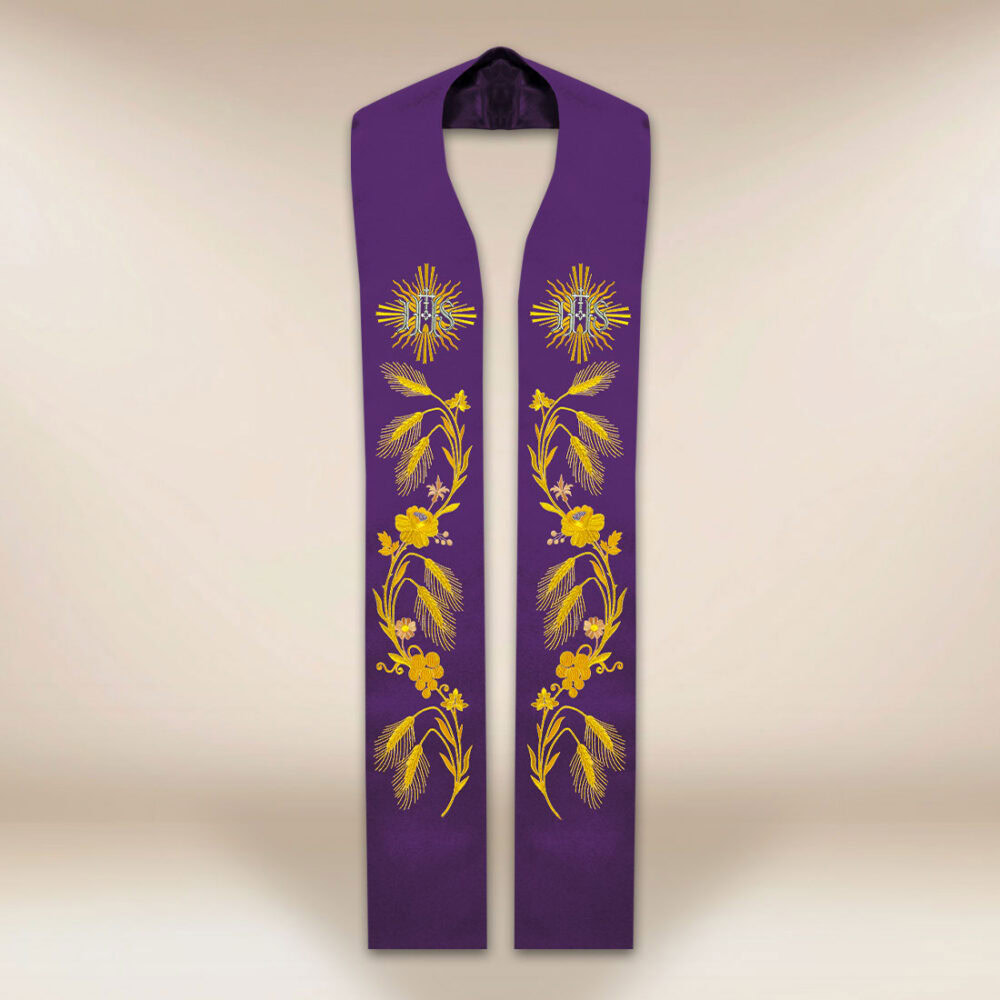 Stola sacerdotale ricamata liturgica IHS viola