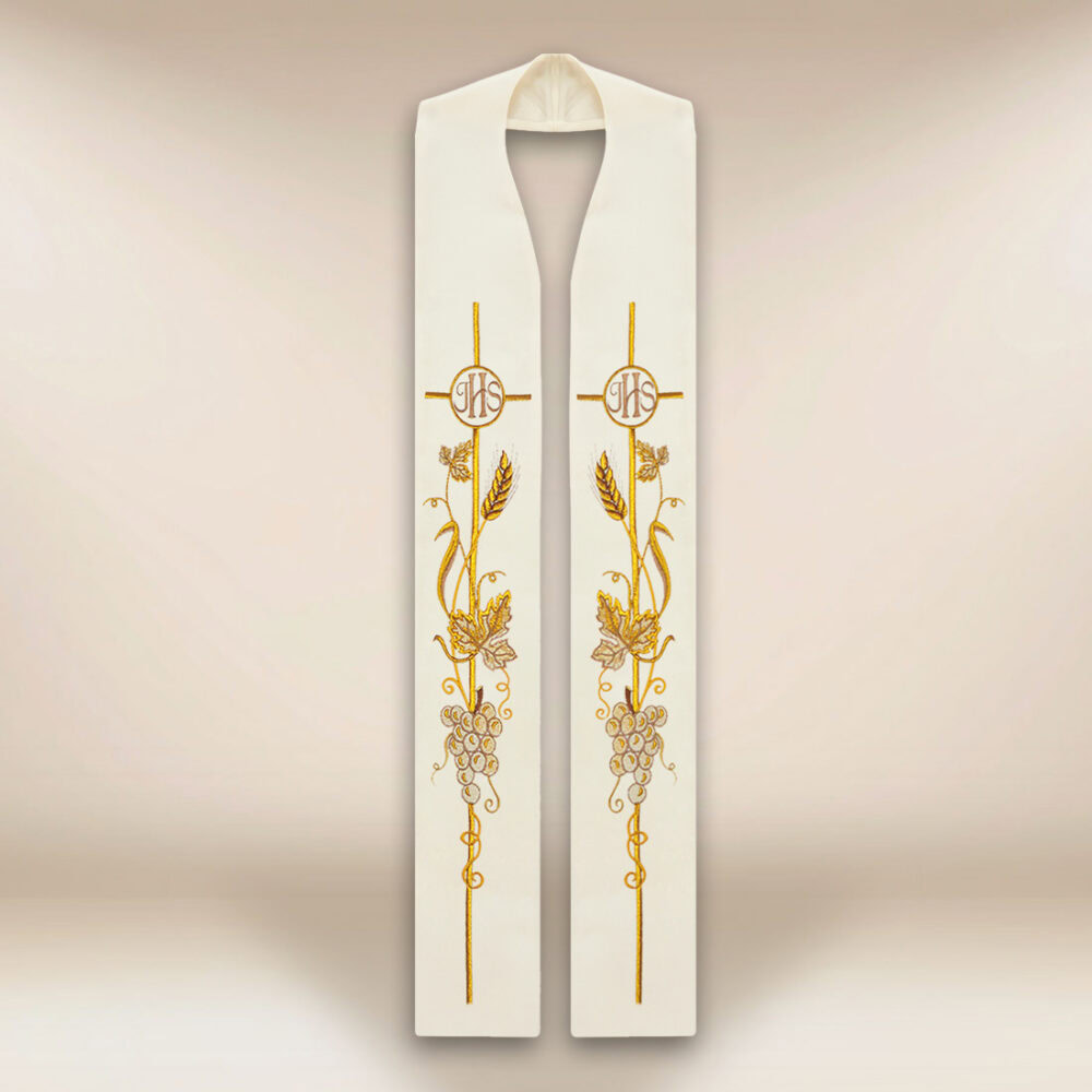 Stola sacerdotale ricamata ecru IHS Spighe e Grappoli
