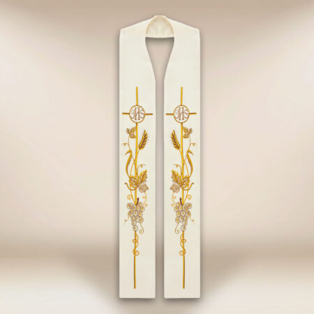 Stola sacerdotale ricamata ecru IHS Spighe e Grappoli