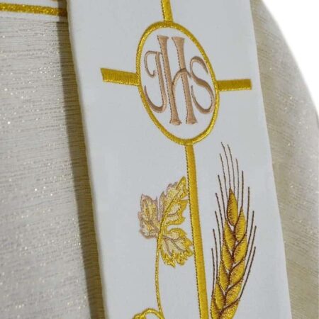 Stola sacerdotale ricamata ecru IHS Spighe e Grappoli