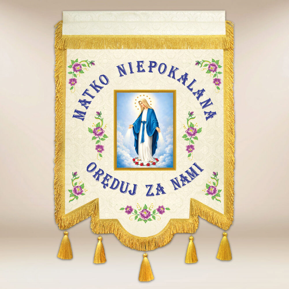 116_p1_26 Chorągiew dwustronna haftowana z wizerunkiem Matki Niepokalanej