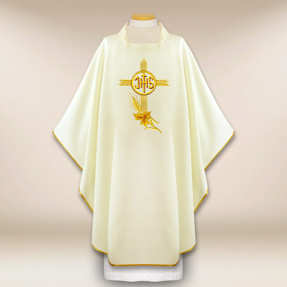 Casula sacerdotale ricamata con IHS ecru