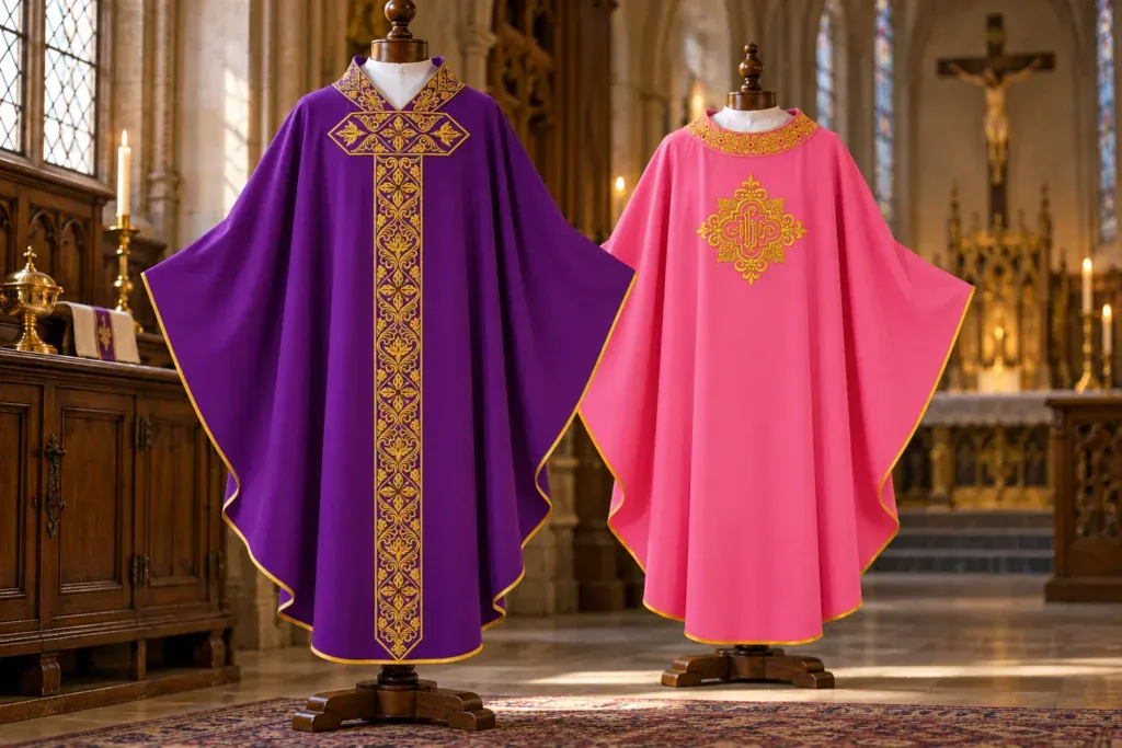 Casula viola e rosa — vesti liturgiche per l’Avvento e la domenica Gaudete