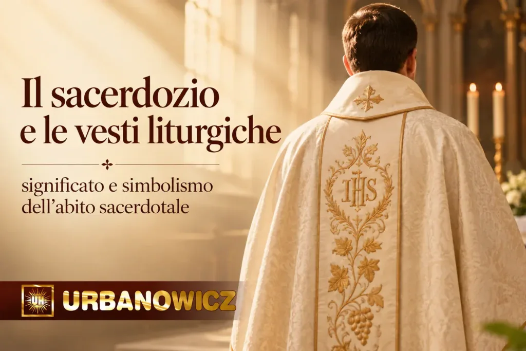 Sacerdote in veste liturgica durante la celebrazione presso l’altare – significato e simbolismo dell’abito sacerdotale